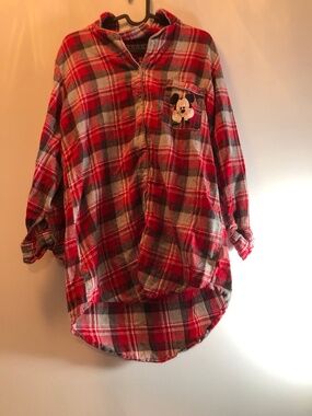 Disney - Women's Mickey Mouse Plaid Button-Up Nightgown (Red & Grey)